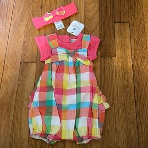 Absorba romper. ADORABLE. 3-6 months. NWT 3 piece headband/bow, tee and romper.
